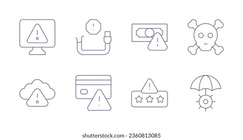 Risk icons. editable stroke. Containing alert, broken cable, cloud, credit card, money, poison, reputational risk, risk.