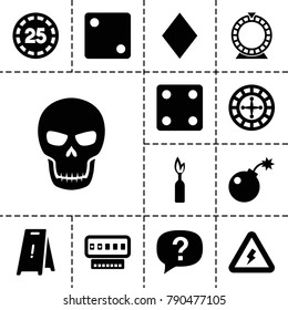 Risk icons. set of 13 editable filled risk icons such as dice, wet floor, exclamation, voltage warning, bomb, skull, dynamite, diamonds, roulette, 25 casino chip