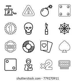 Risk icons. set of 16 editable outline risk icons such as dice, casino boy, spades, spider web, lifebuoy, bomb, dynamite, skull, 1 casino chip, slot machine