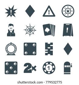 Risk icons. set of 16 editable filled risk icons such as pllaying card, diamonds, 1 casino chip, casino bet, domino, exclamation, warning, dice, roulette, spider web