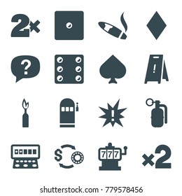 Risk icons. set of 16 editable filled risk icons such as spades, diamonds, slot machine, casino bet, wet floor, exclamation, dynamite, casino chip and money, dice, cigarette