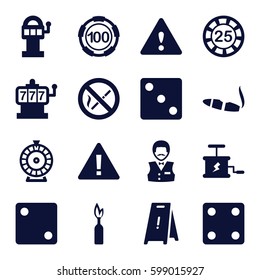 risk icons set. Set of 16 risk filled icons such as Slot machine, 25 casino chip, 100 casino chip, Dice, Roulette, Casino boy, cigarette, wet floor, warning, no smoking