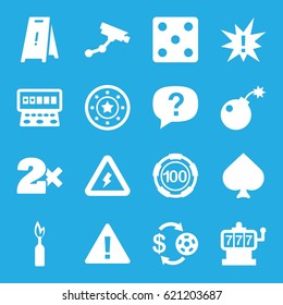 Risk icons set. set of 16 risk filled icons such as Spades, Slot machine, Casino chip and money, Casino chip, Dice, Security camera, Casino bet, wet floor, voltage warning