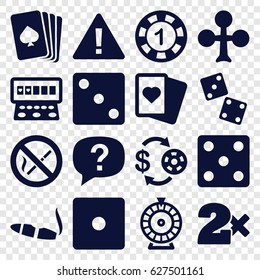 Risk icons set. set of 16 risk filled icons such as pllaying card, Clubs, Casino chip and money, 1 casino chip, Dice, Casino bet, Roulette, Spades, cigarette, Slot machine