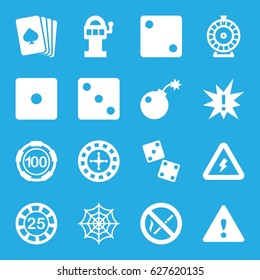 Risk icons set. set of 16 risk filled icons such as pllaying card, Roulette, 25 casino chip, 100 casino chip, Dice, spider web, warning, voltage warning, no smoking, bomb