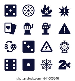 Risk icons set. set of 16 risk filled icons such as casino chip and money, casino chip, dice, casino bet, roulette, spades, slot machine, spider web, no fire, voltage warning
