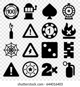 Risk icons set. set of 16 risk filled icons such as spades, 1 casino chip, 100 casino chip, dice, roulette, slot machine, spider web, warning, no fire, voltage warning