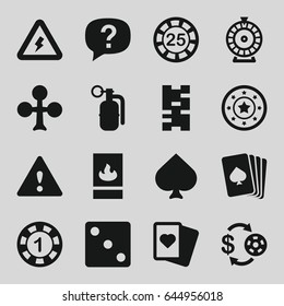Risk icons set. set of 16 risk filled icons such as pllaying card, spades, clubs, casino chip and money, 1 casino chip, dice, roulette, fire protection, warning