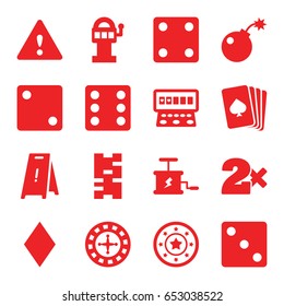 Risk icons set. set of 16 risk filled icons such as pllaying card, diamonds, roulette, casino chip, dice, casino bet, slot machine, wet floor, warning, bomb, dynamite