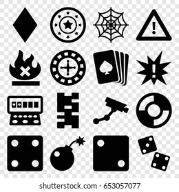 Risk icons set. set of 16 risk filled icons such as pllaying card, diamonds, roulette, casino chip, dice, security camera, slot machine, spider web, warning, no fire, lifebuoy