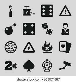 Risk icons set. set of 16 risk filled icons such as spades, 25 casino chip, dice, security camera, casino bet, roulette, casino boy, warning, no fire, voltage warning, bomb
