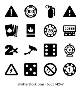Risk icons set. set of 16 risk filled icons such as pllaying card, 1 casino chip, 25 casino chip, dice, security camera, roulette, slot machine, fire protection, warning