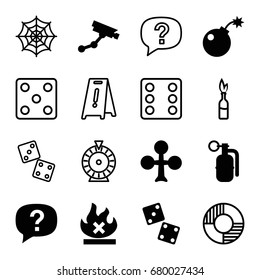 Risk icons set. set of 16 risk filled and outline icons such as clubs, security camera, spider web, no fire, bomb, dynamite, exclamation, dice, roulette, wet floor, lifebuoy