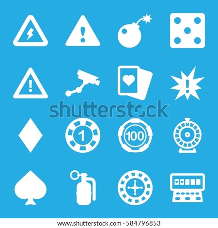risk icons set. Set of 16 risk filled icons such as Spades, Diamonds, Roulette, 1 casino chip, 100 casino chip, Dice, Security camera, Slot machine, warning, voltage warning