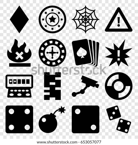 Risk icons set. set of 16 risk filled icons such as pllaying card, diamonds, roulette, casino chip, dice, security camera, slot machine, spider web, warning, no fire, lifebuoy