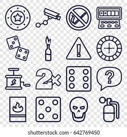 Risk icons set. set of 16 risk outline icons such as roulette, casino chip, dice, security camera, casino bet, slot machine, fire protection, dynamite, skull, no smoking