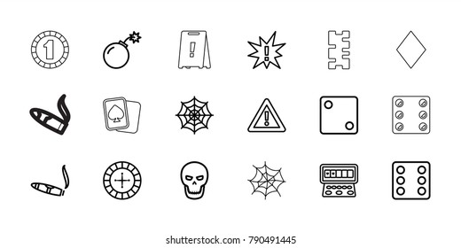 Risk icons. set of 18 editable outline risk icons: roulette, dice, cigarette, slot machine, spider web, exclamation, warning, bomb, skull, diamonds, 1 casino chip, spades