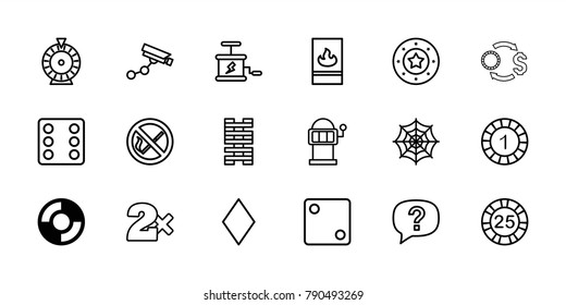 Risk icons. set of 18 editable outline risk icons: lifebuoy, diamonds, 1 casino chip, 25 casino chip, dice, security camera, roulette, slot machine, spider web, domino