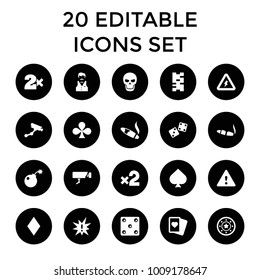 Risk icons. set of 20 editable filled risk icons such as spades, diamonds, casino chip, security camera, casino bet, cigarette. best quality risk elements in trendy style.