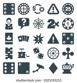 Risk icons. set of 25 editable filled risk icons such as clubs, slot machine, 1 casino chip, casino chip, dice, security camera, spider web, warning, dice, domino, exclamation