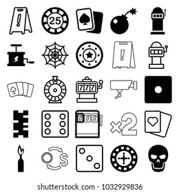 Risk icons. set of 25 editable filled and outline risk icons such as roulette, 25 casino chip, casino chip, dice, spider web, bomb, dynamite, skull, slot machine, spades