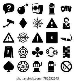 Risk icons. set of 25 editable filled risk icons such as spades, diamonds, 25 casino chip, security camera, roulette, casino boy, cigarette, slot machine, spider web, warning