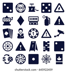 Risk icons set. set of 25 risk filled icons such as pllaying card, diamonds, slot machine, casino chip and money, 1 casino chip, dice, security camera, spider web, wet floor
