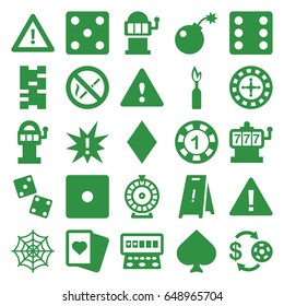 Risk icons set. set of 25 risk filled icons such as spades, diamonds, roulette, slot machine, casino chip and money, 1 casino chip, dice, spider web, wet floor, warning
