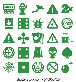 Risk icons set. set of 25 risk filled icons such as pllaying card, spades, clubs, roulette, 25 casino chip, 100 casino chip, dice, security camera, casino bet, slot machine
