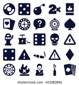 Risk icons set. set of 25 risk filled icons such as pllaying card, spades, diamonds, roulette, 25 casino chip, dice, casino bet, casino boy, cigarette, warning, no fire
