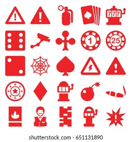 Risk icons set. set of 25 risk filled icons such as pllaying card, spades, clubs, diamonds, slot machine, 1 casino chip, 25 casino chip, dice, security camera, cigarette