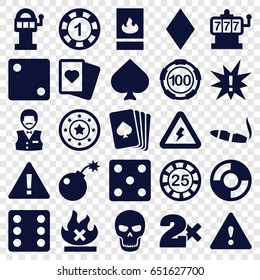 Risk icons set. set of 25 risk filled icons such as pllaying card, spades, diamonds, slot machine, 1 casino chip, 25 casino chip, dice, cigarette, no fire, fire protection