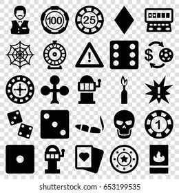 Risk icons set. set of 25 risk filled icons such as clubs, diamonds, roulette, casino chip and money, 1 casino chip, dice, spades, cigarette, slot machine, spider web, warning