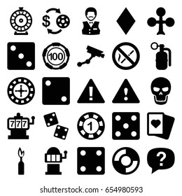 Risk icons set. set of 25 risk filled icons such as clubs, diamonds, roulette, slot machine, casino chip and money, 1 casino chip, dice, security camera, spades, warning