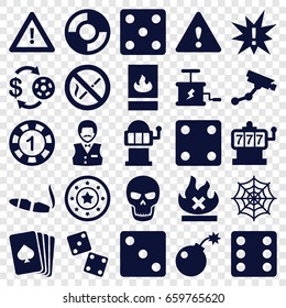 Risk icons set. set of 25 risk filled icons such as pllaying card, slot machine, casino chip and money, 1 casino chip, dice, security camera, cigarette, spider web, warning