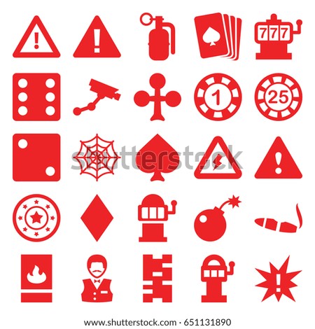Risk icons set. set of 25 risk filled icons such as pllaying card, spades, clubs, diamonds, slot machine, 1 casino chip, 25 casino chip, dice, security camera, cigarette
