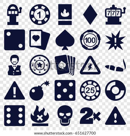 Risk icons set. set of 25 risk filled icons such as pllaying card, spades, diamonds, slot machine, 1 casino chip, 25 casino chip, dice, cigarette, no fire, fire protection