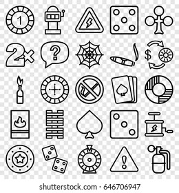 Risk icons set. set of 25 risk outline icons such as pllaying card, spades, clubs, roulette, casino chip and money, 1 casino chip, dice, cigarette, spider web, fire protection