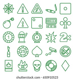 Risk icons set. set of 25 risk outline icons such as spades, clubs, diamonds, 1 casino chip, 25 casino chip, dice, security camera, casino bet, roulette, cigarette