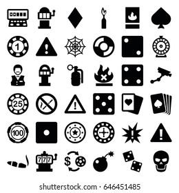 Risk icons set. set of 36 risk filled icons such as pllaying card, spades, diamonds, roulette, slot machine, casino chip and money, 1 casino chip, dice, security camera