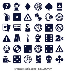 Risk icons set. set of 36 risk filled icons such as spades, clubs, diamonds, roulette, casino chip and money, 1 casino chip, dice, slot machine, wet floor, warning
