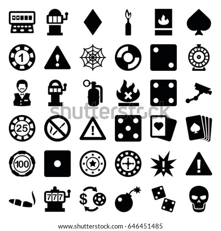 Risk icons set. set of 36 risk filled icons such as pllaying card, spades, diamonds, roulette, slot machine, casino chip and money, 1 casino chip, dice, security camera