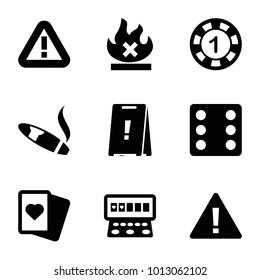 Risk icons. set of 9 editable filled risk icons such as 1 casino chip, dice, spades, slot machine, warning, no fire, cigarette