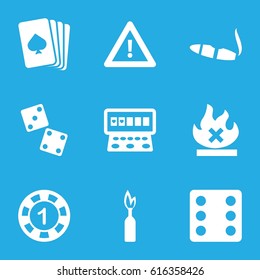 Risk icons set. set of 9 risk filled icons such as pllaying card, 1 casino chip, Dice, cigarette, Slot machine, warning, no fire, dynamite