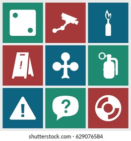 Risk icons set. set of 9 risk filled icons such as Clubs, Dice, Security camera, wet floor, lifebuoy, dynamite, exclamation