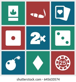 Risk icons set. set of 9 risk filled icons such as diamonds, 25 casino chip, dice, casino bet, spades, cigarette, fire protection