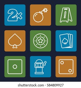 risk icons set. Set of 9 risk outline icons such as pllaying card, Spades, Casino chip, Dice, Casino bet, Slot machine, wet floor