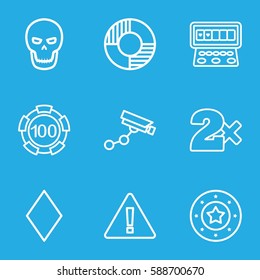 risk icons set. Set of 9 risk outline icons such as Diamonds, 100 casino chip, Casino chip, Security camera, Casino bet, Slot machine, lifebuoy, skull