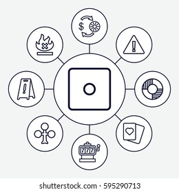 risk icons set. Set of 9 risk outline icons such as Clubs, Slot machine, Casino chip and money, Dice, Spades, wet floor, no fire, lifebuoy