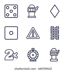 Risk icons set. set of 9 risk outline icons such as diamonds, dice, casino bet, roulette, slot machine, warning, slot machine
